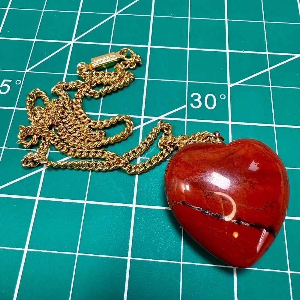 Red Jasper Heart Pendant Necklace Gold Plated Chain Adjustable Clasp Germany‎